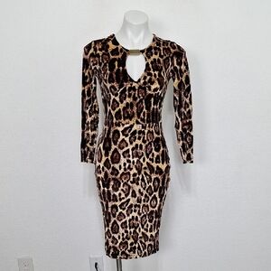 Nature Brown Tan Velvet Animal Print Mobwife Keyhole Detail Bodycon Dress Sz. M